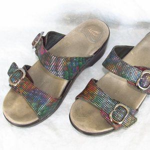 Dansko “Sophie” Leather Wedge Sandals (Metallic Rainbow Finish) – EU Size 38